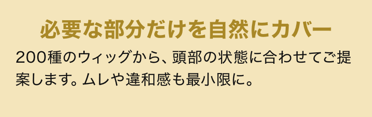 必要な部分だけを自然にカバー 200種のウィッグから、頭部の状態に合わせてご提案します。ムレや違和感も最小限に。